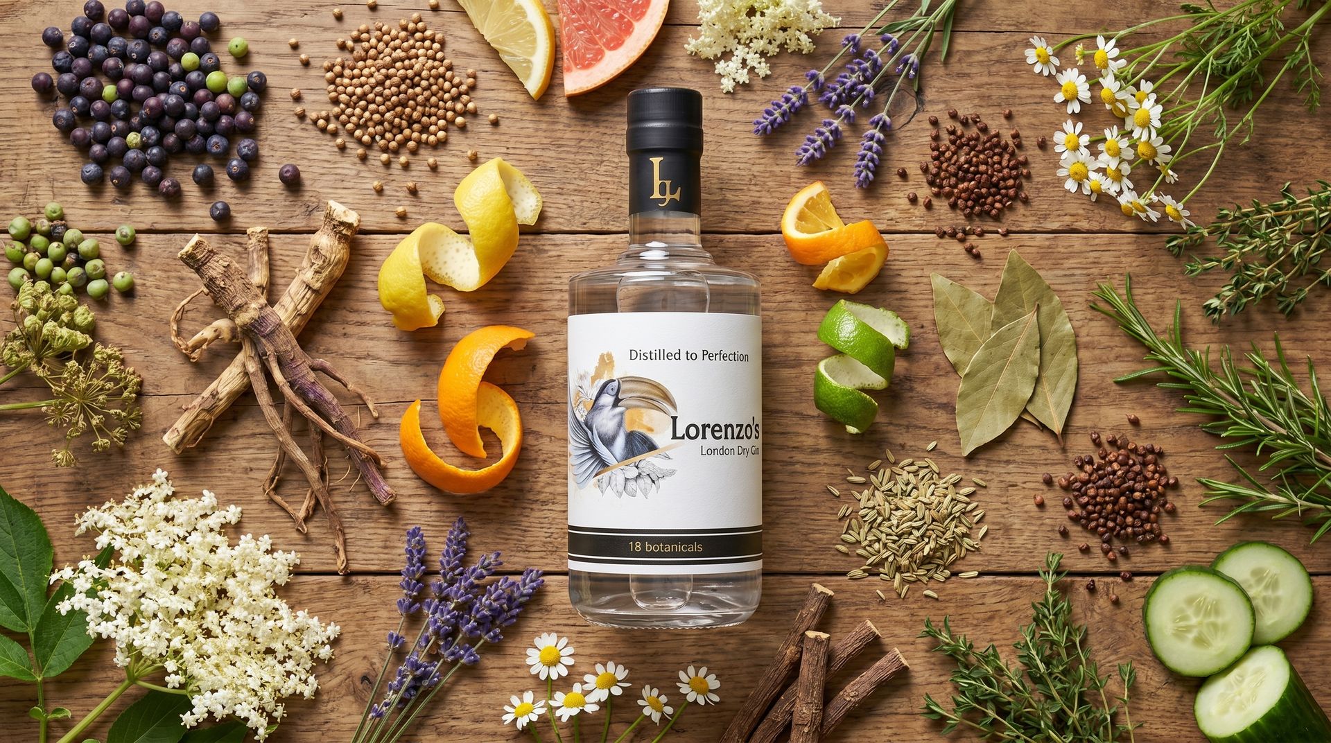 Etiket Lorenzo’s Gin met toekan