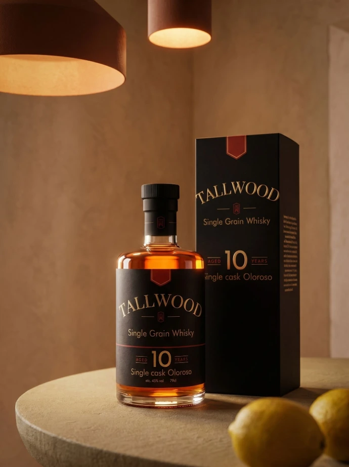 Etiket Tallwood Whisky 10 Jaar ontworpen door NewSpirits