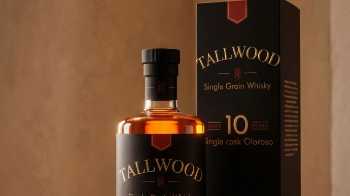 Etiket Tallwood Whisky 10 Jaar ontworpen door NewSpirits
