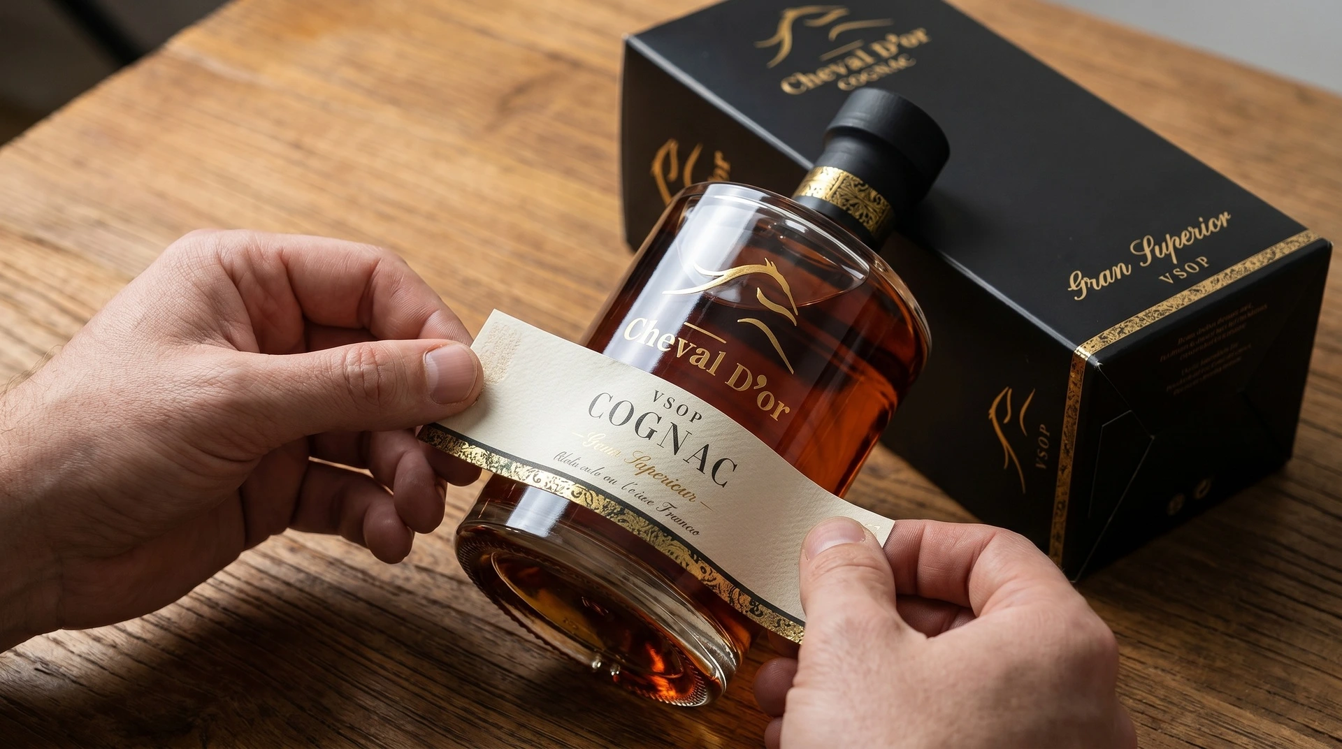 Premium flesontwerp en branding voor Cheval d'or cognac door NewSpirits drankenbranding agentschap.