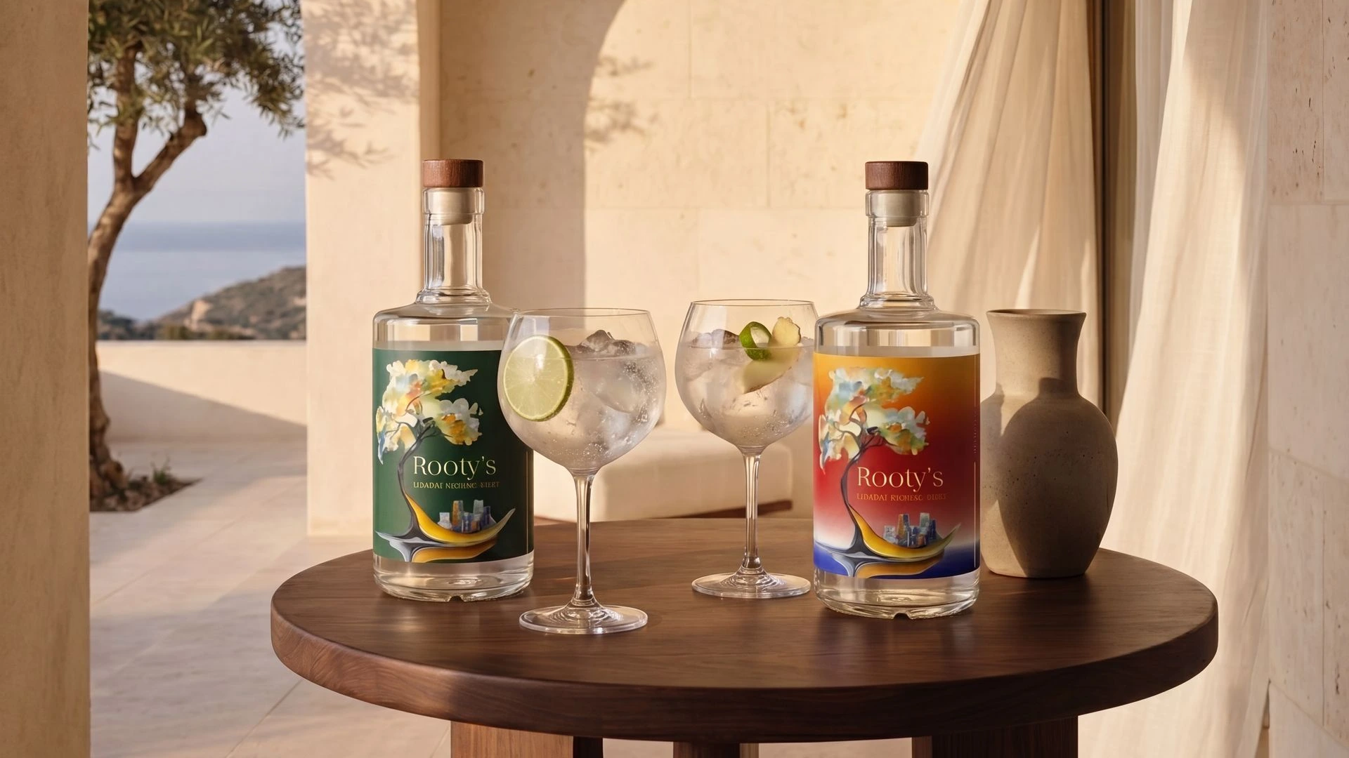 Fles en glas van de Electric Mule Shot met verse gember, limoen en rode chilipeper op de achtergrond.