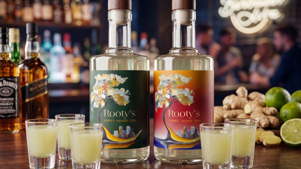 Electric Mule shotglazen gepresenteerd op een bar als herkenbare Moscow Mule-inspiratie.